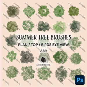 Könnte beinhalten: Ein Satz von 20 digitalen Pinsel-Dateien für Adobe Photoshop, mit Top-Down-Ansichten von Sommerbäumen. Die Pinsel sind mit "SUMMER TREE BRUSHES PLAN/TOP/BIRDS EYE VIEW ABR ARCHIBITE" beschriftet.