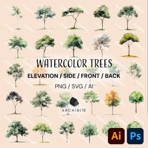 May include: A selection of watercolour tree illustrations in diverse styles and colours, including green, grey, and orange. The text "WATERCOLOR TREES" is displayed, along with "ELEVATION / SIDE / FRONT / BACK" and "PNG / SVG / AI".