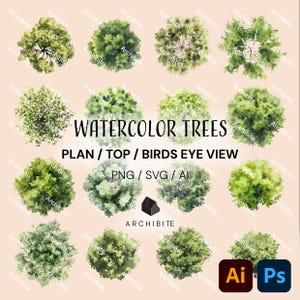 Puede incluir: Ilustraciones de árboles en acuarela, vistas desde arriba. La imagen presenta varios diseños de árboles verdes y verde claro, con el texto "WATERCOLOR TREES" y "PLAN / TOP / BIRDS EYE VIEW". Incluye formatos de archivo PNG, SVG y AI.