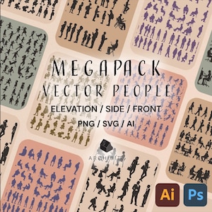 Peut inclure: Une illustration numérique d'un méga pack de silhouettes de personnes vectorielles dans diverses poses et perspectives. Les silhouettes sont en noir et blanc et sont disposées en grille. Le texte "MEGAPACK VECTOR PEOPLE ELEVATION / SIDE / FRONT PNG / SVG / AI ARCHIBITE Ai Ps" est affiché sur l'image.