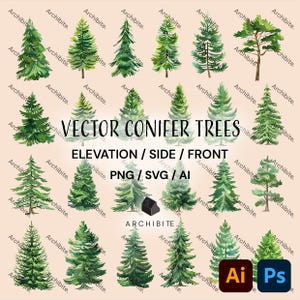 Könnte beinhalten: Eine Sammlung grüner Vektor-Koniferenbäume in verschiedenen Stilen, einschließlich Seiten- und Frontansichten. Das Bild enthält den Text "VECTOR CONIFER TREES" und Dateitypinformationen: PNG, SVG und AI.