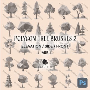 May include: A set of 20 polygon tree brushes in a gray color scheme. The brushes are designed for use in digital art and graphic design. The image includes the text "POLYGON TREE BRUSHES 2" and "ELEVATION / SIDE / FRONT ABR".