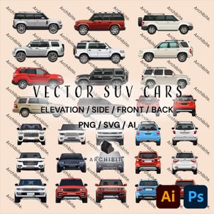 Pode incluir: Uma coleção de 20 ilustrações vetoriais de SUVs em várias cores e ângulos, incluindo vistas frontal, lateral, traseira e de elevação. As ilustrações são rotuladas como "VECTOR SUV CARS" e "ELEVATION / SIDE / FRONT / BACK" e incluem os formatos de arquivo "PNG / SVG / AI".