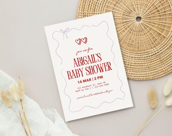 Sweetheart Baby Shower Invitation: Purple Hearts, Bows (Editable Canva Template)