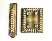 Vintage Blue Rhinestone Pearl Encrusted Compact Folding Comb Set