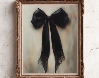 Gothic Black Bow Print - Victorian Coquette Digital Painting - Dark Academia Wall Art - Moody Cottagecore Printable Art