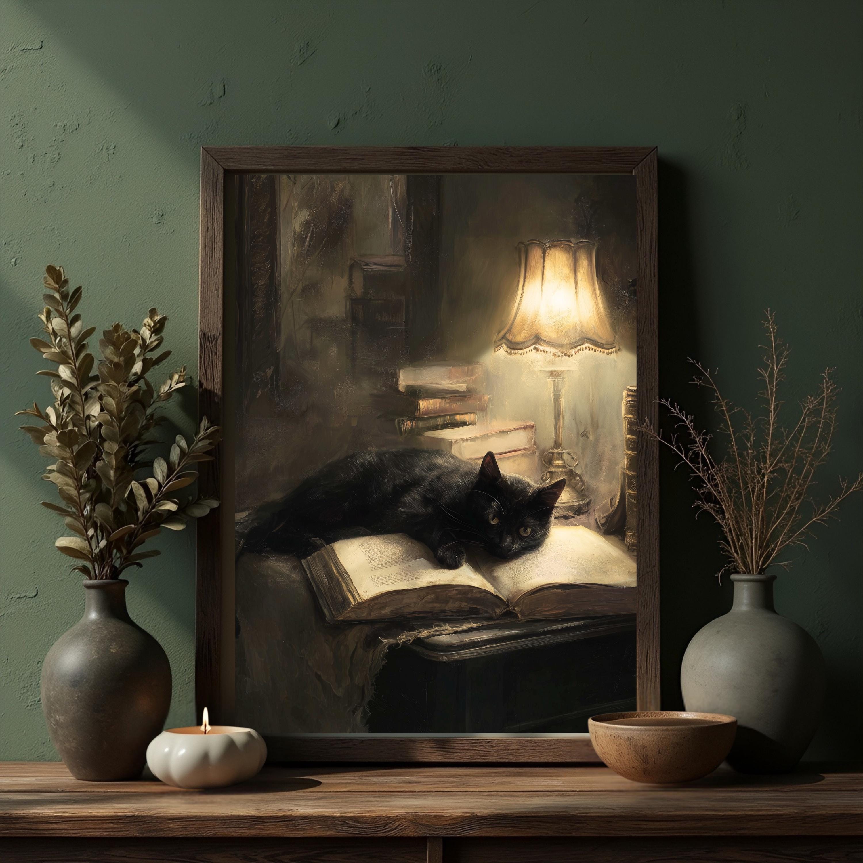 Dark Academia Black Cat Wall Art - Victorian Library Painting - Gothic ...