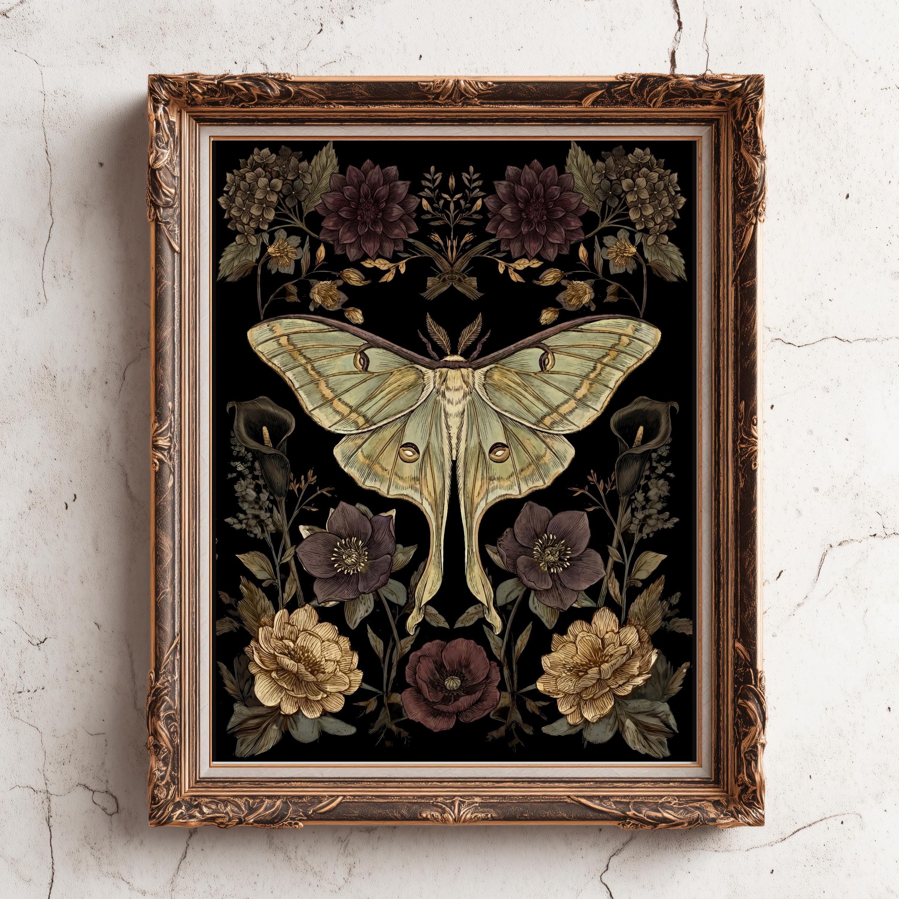 Spanish Moon Moth Print - Gothic Moth & Flowers Poster - Dark Academia ...