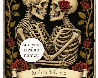 Personalized Skeleton Couple Print - Gothic Wedding Wall Art - Custom Name Skeleton Love Print - Dark Anniversary Art