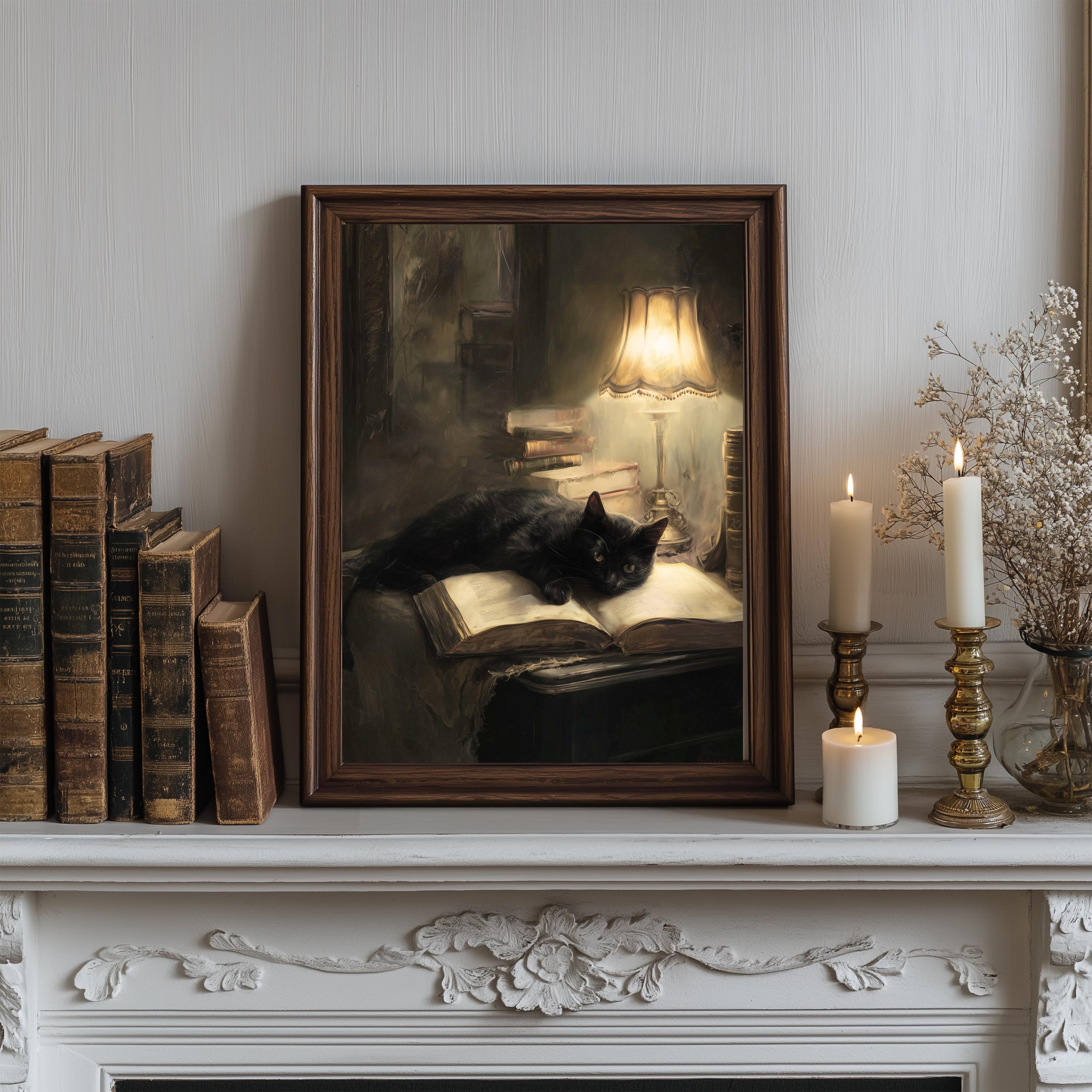 Dark Academia Black Cat Wall Art - Victorian Library Painting - Gothic ...