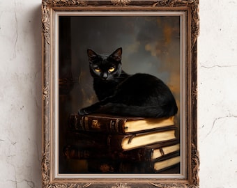Dipinto di gatto nero sui libri - Arte murale Dark Academia - Stampa stregata con gatto amante dei libri - Stampabile di Halloween in stile cottage gotico - Animale spettrale