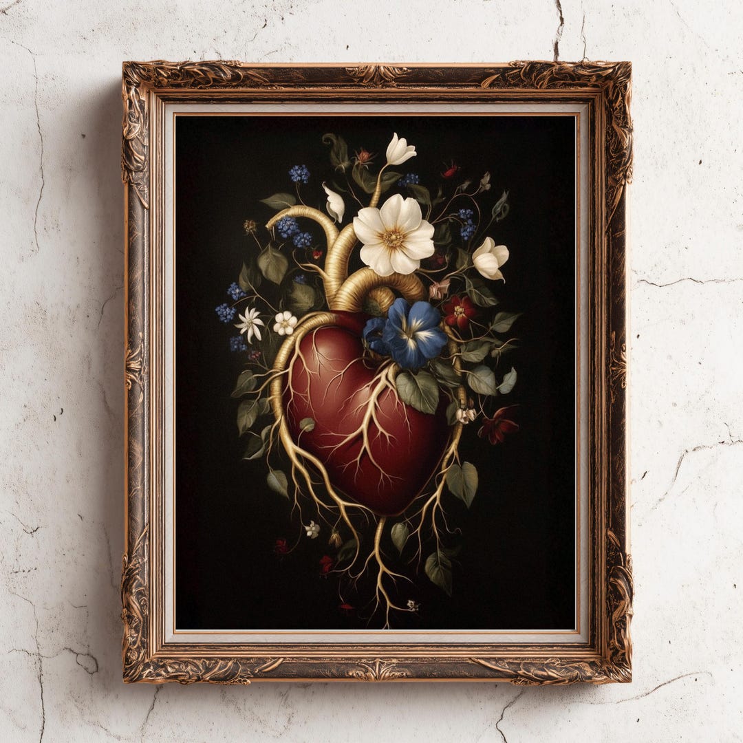 Human Heart & Flowers Painting - Dark Academia Floral Poster - Memento ...