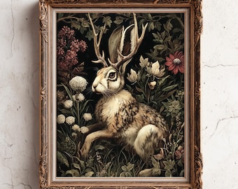 Jackalope Floral Painting - Rabbit Forest Print - Mythical Folklore Art - Artful Dark Academia Wall Art - Witchy Rabbit Poster