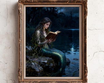 Meerjungfrau liest Buch Wand Kunst Druck - Dark Academia Meerjungfrau Malerei - Küsten Gothic Dekor, Buchliebhaber Druck - Stimmungsvolle Meerjungfrau Poster