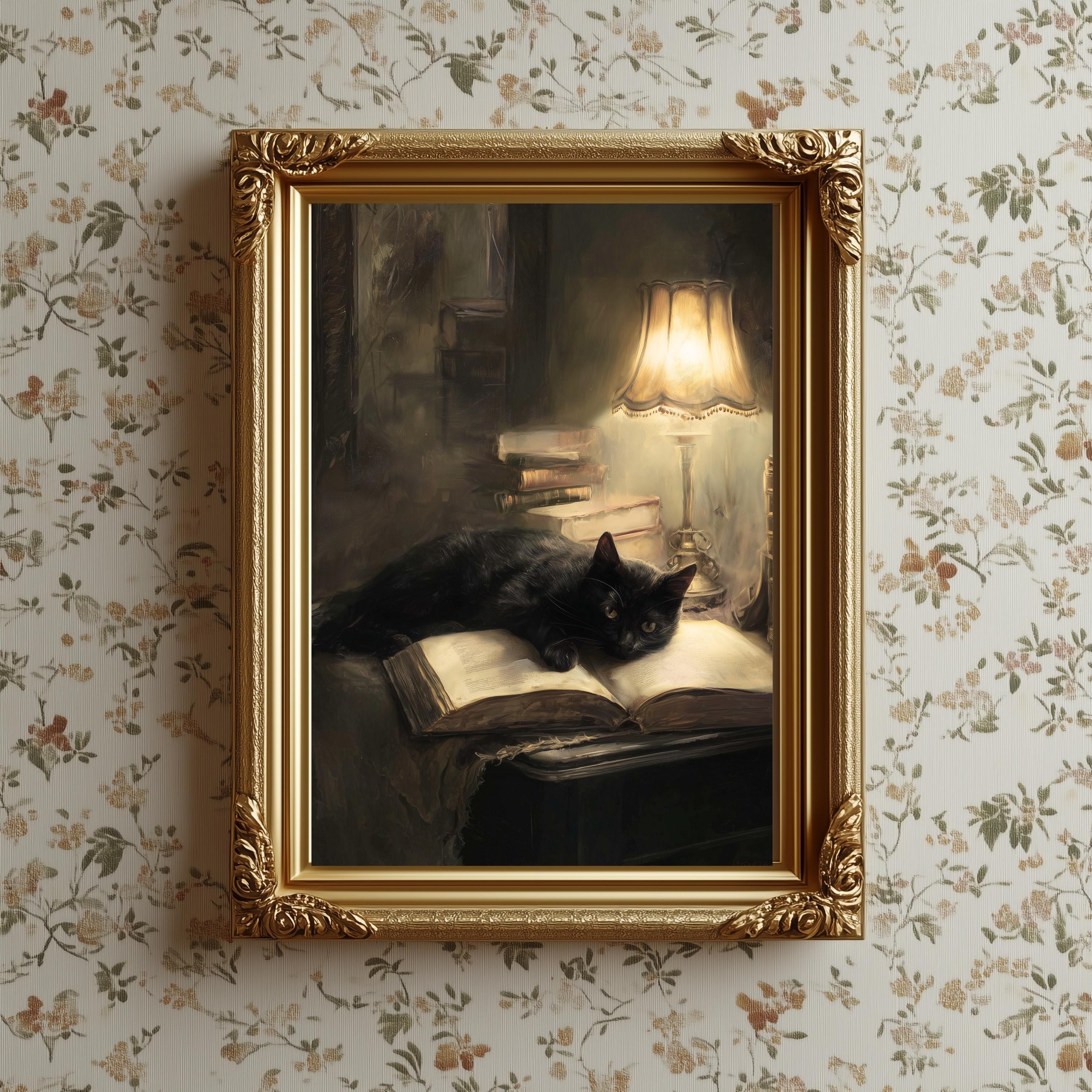 Dark Academia Black Cat Wall Art - Victorian Library Painting - Gothic ...