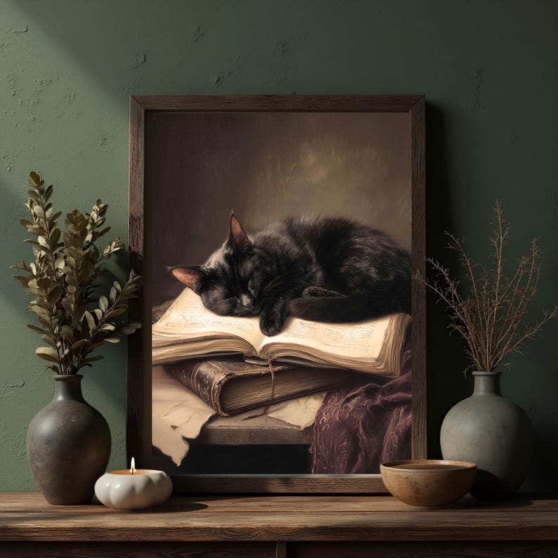 Dark Academia Black Cat Wall Art - Victorian Library Painting - Gothic ...