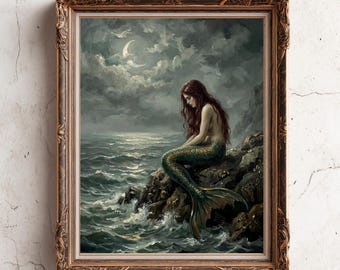 Vintage Stil Meerjungfrau Gemälde - Traurige Meerjungfrau & Mond Poster - Gothic Meerjungfrau Dekor - Stimmungsvolle Sirene Wandkunst
