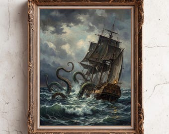 Kraken Pirate Ship Painting - Nautical Gothic Wall Art -  Dark Academia Decor - Vintage Giant Octopus - Bathroom Wall Art