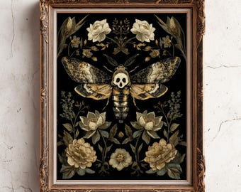 Death Head Hawk Moth Print - Gothic Moth & Flowers Poster - Dark Academia Wall Art - Moody Cottagecore Printable Art