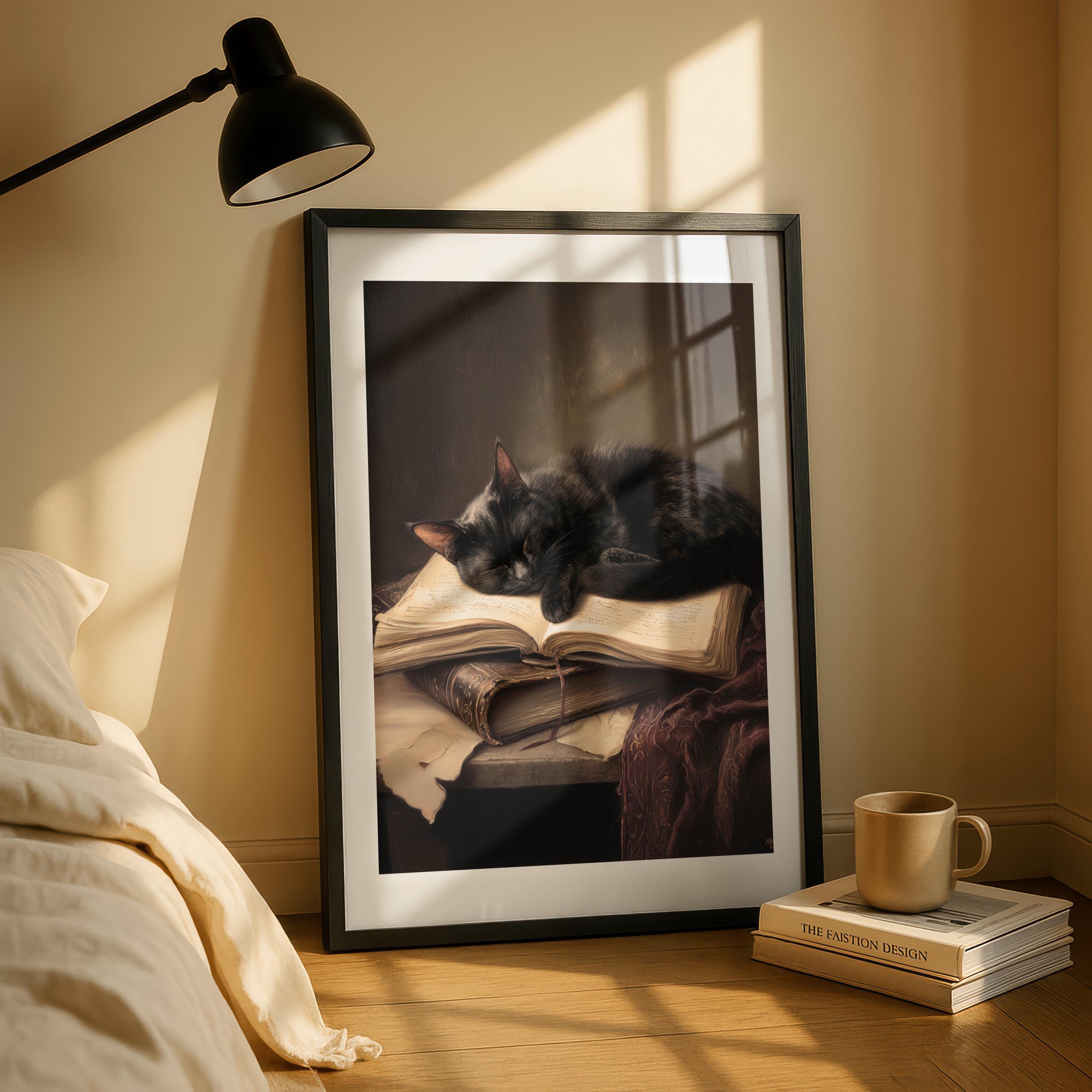 Dark Academia Black Cat Wall Art - Victorian Library Painting - Gothic ...