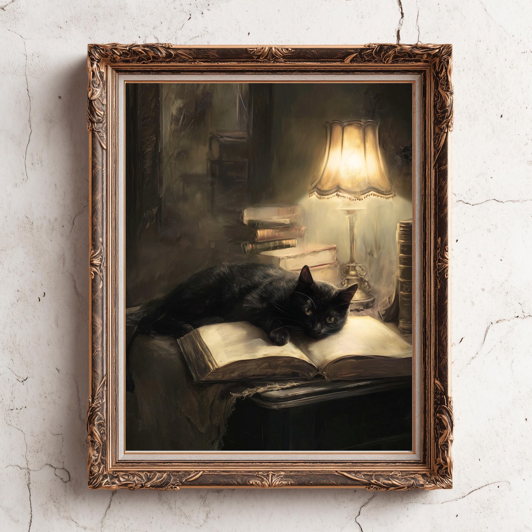 Dark Academia Black Cat Wall Art - Victorian Library Painting - Gothic ...