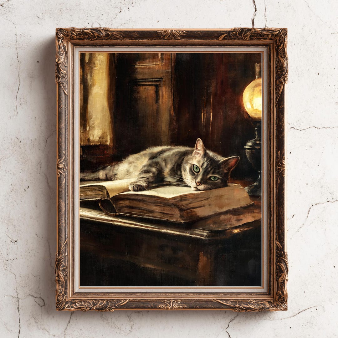 Dark Academia Cat Wall Art - Victorian Library Painting - Gothic Study ...
