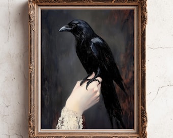 Gothic Raven Print - Raven on Hand Painting - Dark Academia Wall Art - Moody Victorian Cottagecore Decor