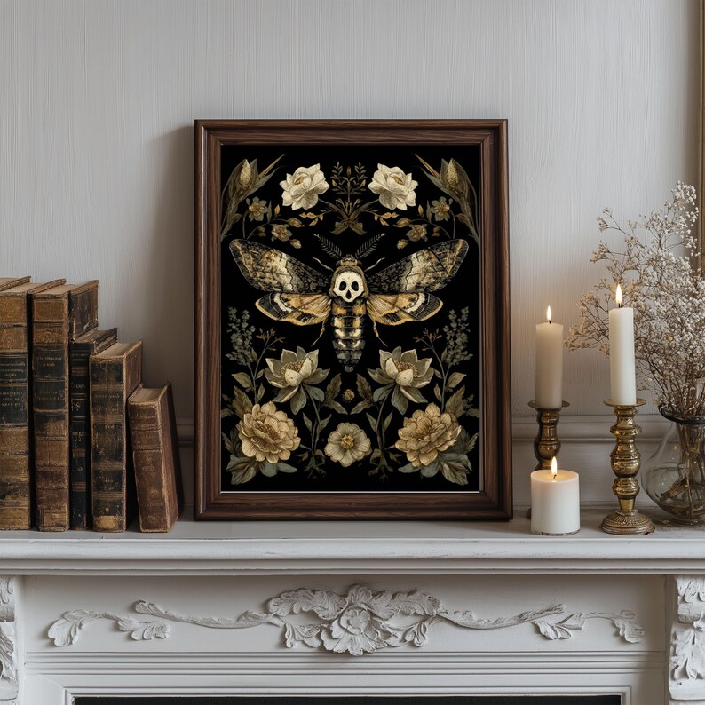 Death Head Hawk Moth Print - Gothic Moth & Flowers Poster - Dark ...