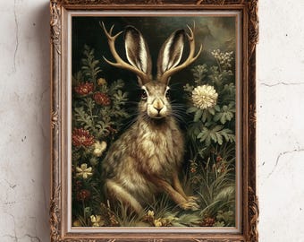 Jackalope Floral Painting - Rabbit Forest Print - Mythical Folklore Art - Dark Academia Wall Art - Witchy Rabbit Poster
