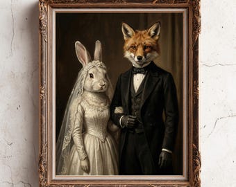 Art mural sombre académique - mariage de renard et de lapin - art animalier gothique - tableau de couple victorien - décoration de chalet lunatique