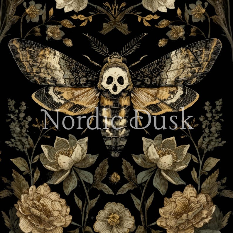 Death Head Hawk Moth Print - Gothic Moth & Flowers Poster - Dark ...