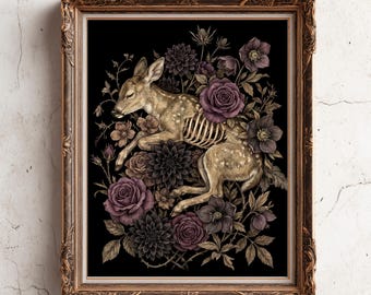 Dark Academia Fawn Poster - Memento Mori Print - Deer Skeleton Art Print - Gothic Floral Wall Art - Vintage Baby Deer Cottagecore Painting