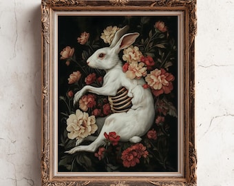 Poster lapin foncé Academia - impression Memento Mori - impression d'art squelette de lapin, art mural floral gothique, peinture vintage lapin cottagecore
