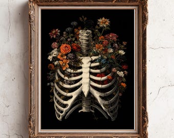 Rib Cage & Flowers Poster - Memento Mori Print - Dark Academia Floral Poster - Romantic Gothic Wall Art - Human Anatomy Painting