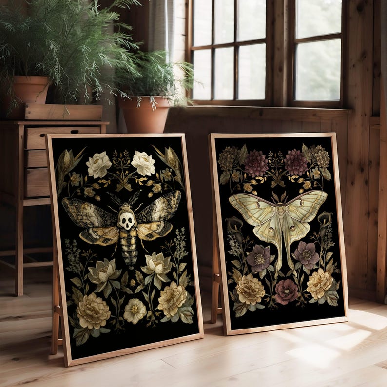 Gothic Moth and Flowers Wall Art Set - Dead Head Hawk Moth & Spanish ...