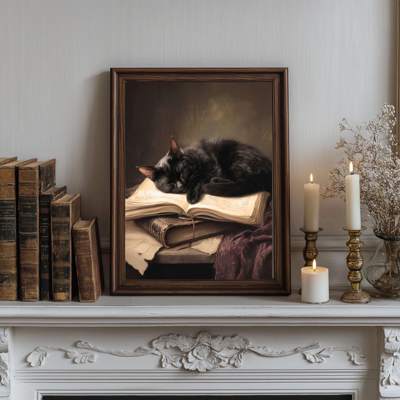 Dark Academia Black Cat Wall Art - Victorian Library Painting - Gothic ...