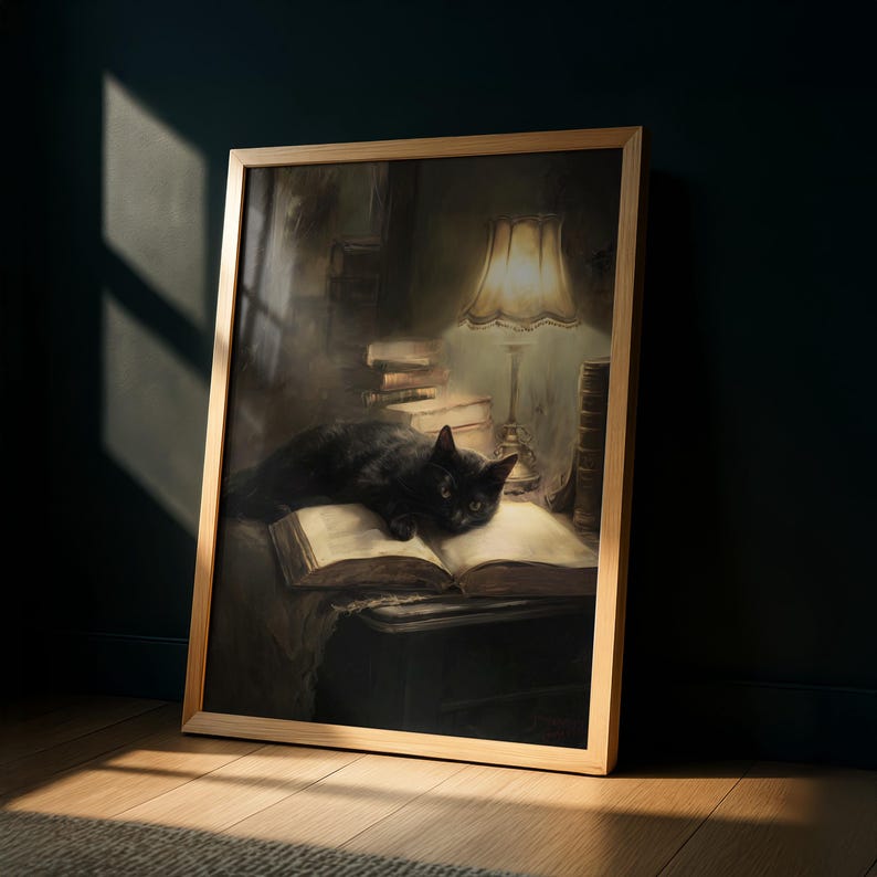 Dark Academia Black Cat Wall Art - Victorian Library Painting - Gothic ...