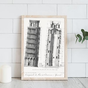 Op de afbeelding: Ingelijste zwart-wit print met gedetailleerde illustraties van de scheve toren van Pisa. De print zit in een licht houten frame en bevat Italiaanse tekst aan de onderkant. Het kunstwerk wordt getoond op een wit betegeld oppervlak.