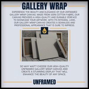 Może przedstawiać: Obraz kilku bezramowych pł&oacute;cien typu gallery wrap. Tekst "GALLERY WRAP" znajduje się na g&oacute;rze. Pł&oacute;tna wykonane są w 100% z tkaniny bawełnianej. Tekst m&oacute;wi r&oacute;wnież "UNFRAMED".