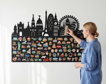 Vacation Travel Souvenir Collector Magnetic Display Board, World Landmark Skyline Silhouette Metal Wall Decor, Housewarming Gift Idea