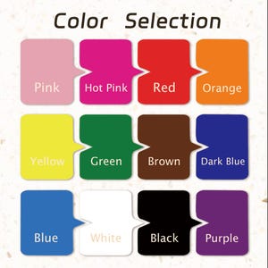 以下が含まれることがあります： 上部に「Color Selection」というテキストが入ったカラーセレクションチャート。ピンク、ホットピンク、赤、オレンジ、黄色、緑、茶色、濃い青、青、白、黒、紫の12色のカラーサンプルが表示されています。