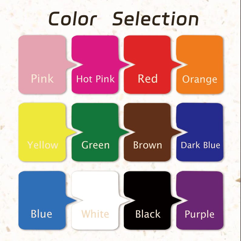 以下が含まれることがあります： 上部に「Color Selection」というテキストが入ったカラーセレクションチャート。ピンク、ホットピンク、赤、オレンジ、黄色、緑、茶色、濃い青、青、白、黒、紫の12色のカラーサンプルが表示されています。