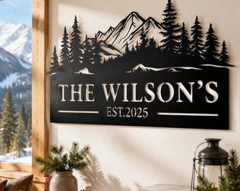 Personalized Mountain Pine Metal Wall Art, Custom Last Name Mountain Cabin Sign, Rustic Wilderness Home Decor, Housewarming Gift