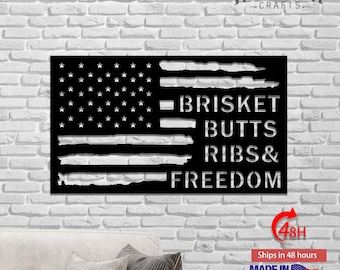 Personalized BBQ Metal  Sign, Flag BBQ: Brisket, Butts, Ribs, and Freedom Metal Sign, BBQ Grill  Sign, Outdoor Decor,Smokehouse Metal Sign