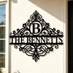 Custom Ornate Floral Family Name Metal Sign, Personalized Monogram Initial Last Name Wall Art, Farmhouse Front Door Decor, Housewarming Gift