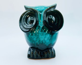 Vintage Canuck Pottery Quebec Owl Coin Bank made in Canada Like BMP Blue Glaze Mid Century Blue Mountain Canadian Pottery
