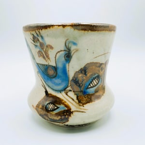 Vintage Tonala Mexican Pottery Pot Planter Cup Small Vase Stoneware Pottery El Polomar Marked Keramo Mexico Hand Painted Birds Flowers