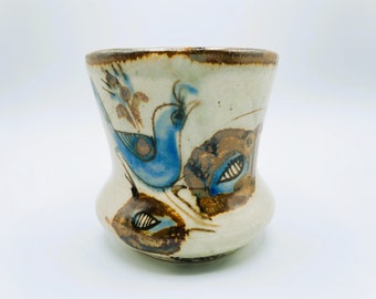 Vase/tasse/porte-crayons/pot de fleurs vintage en céramique mexicaine Tonala | Oiseaux peints à la main | El Palomar Keramo Mexique