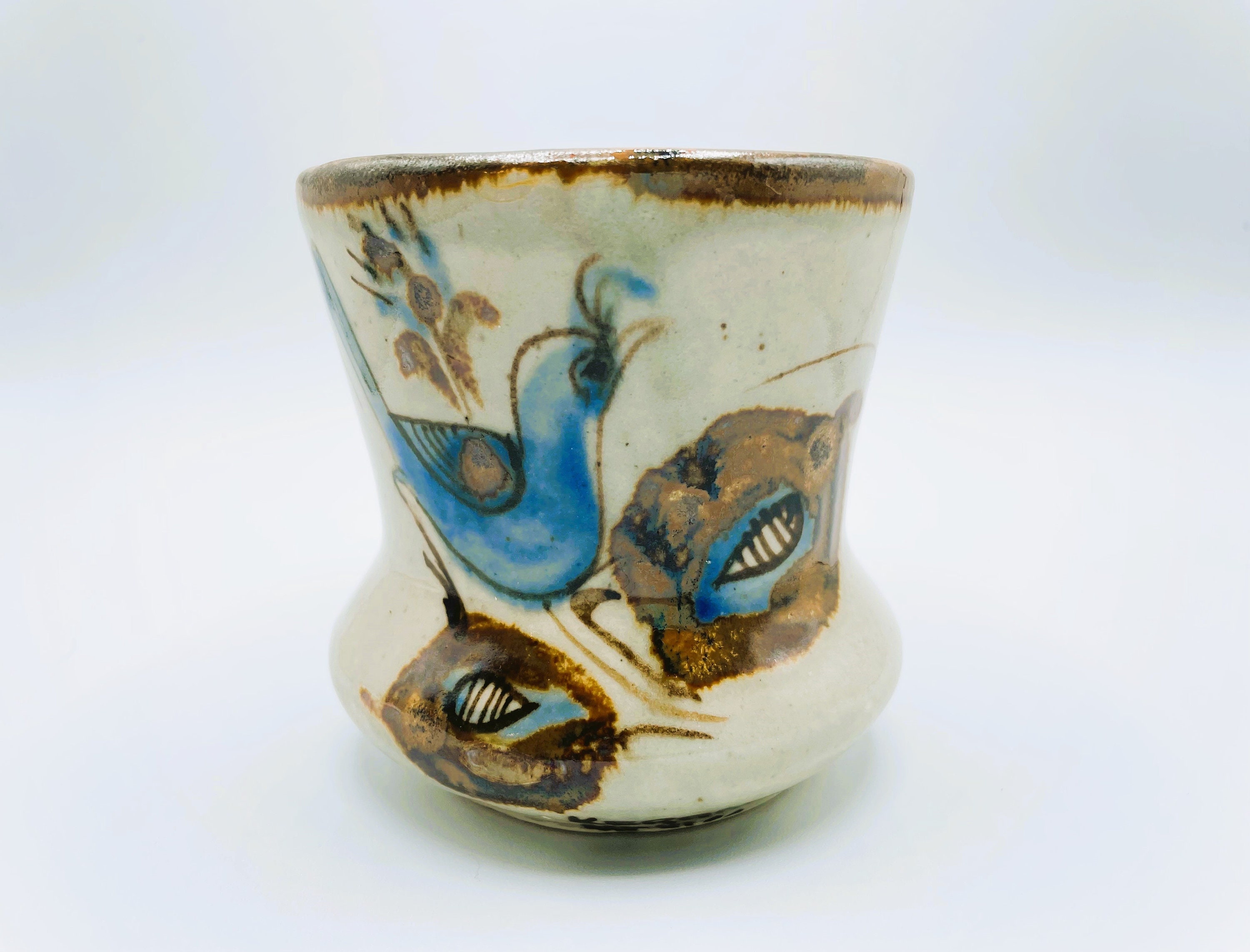 ヴィンテージ トナラ陶器花瓶：手描きの鳥、エル・パロマール・ケラモ