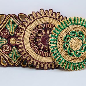 Vintage Woven Rattan Trivets | Brown and Green Mid Century Hot Pads | Wicker Pot Holders | Wicker Wall Art | Boho Basket Wall